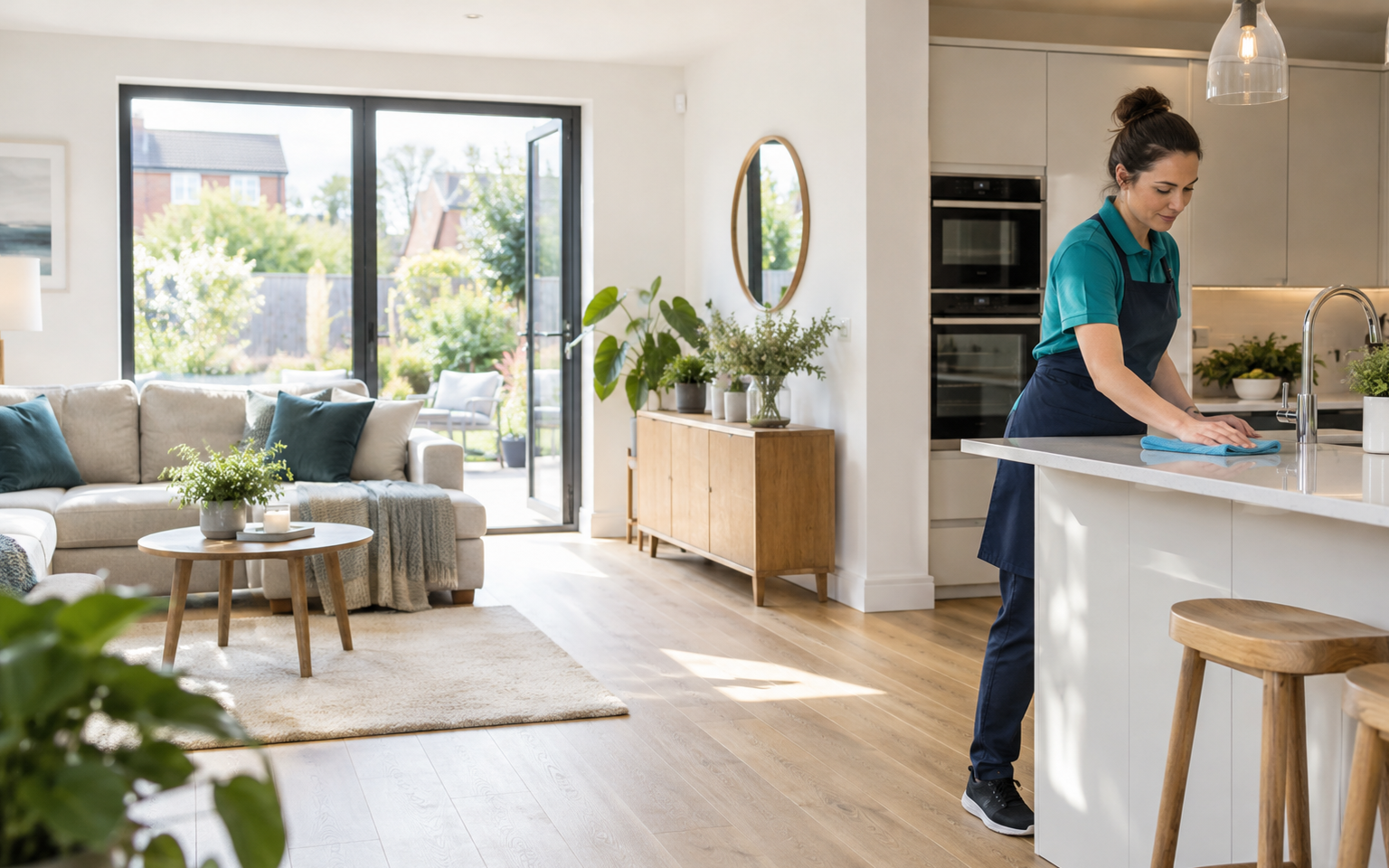 Professional cleaner working in a bright, modern home